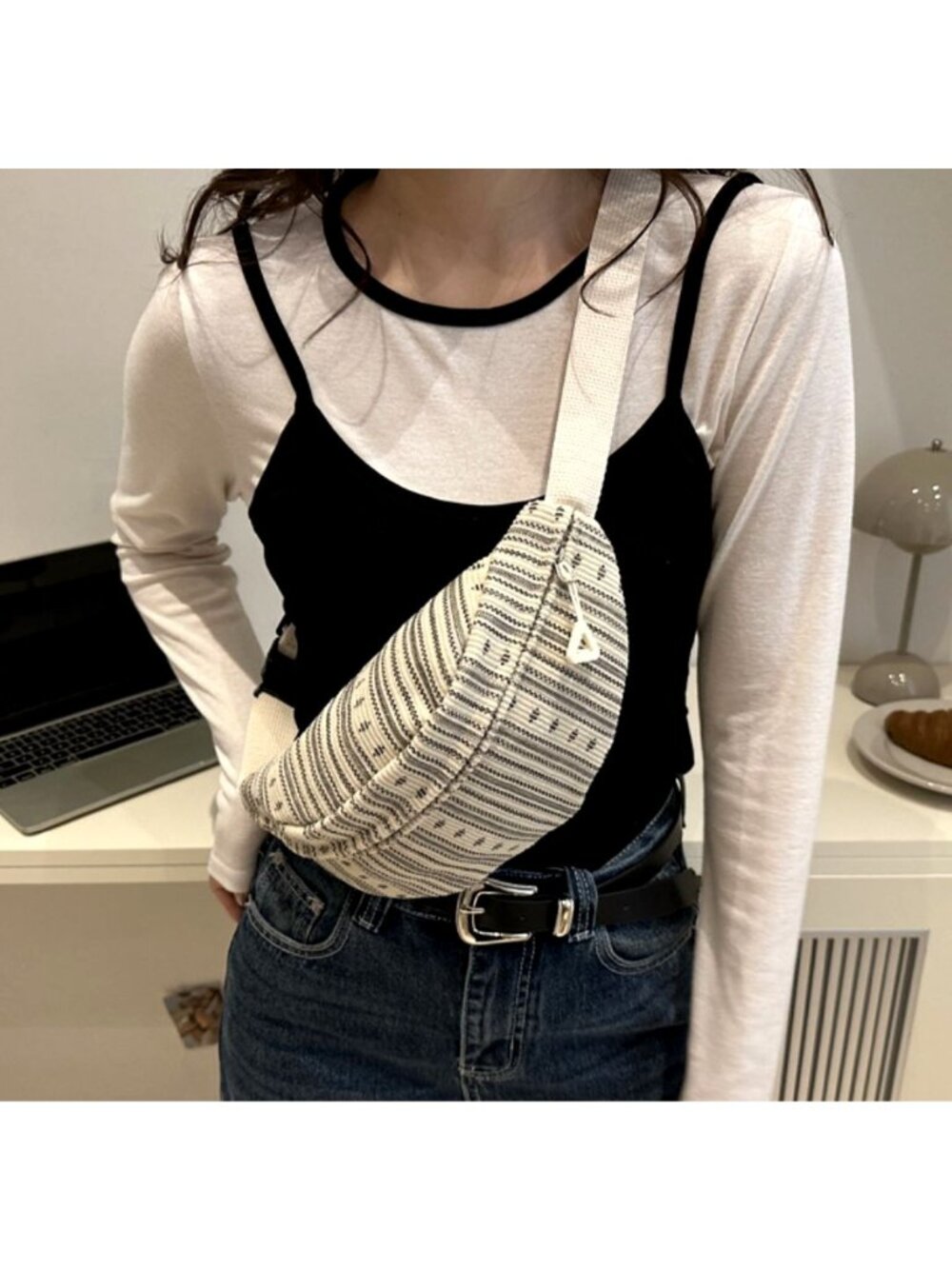 White & Black Striped Canvas Crossbody Fanny Pack Waist Bag With Adjustable Stra - Picture 3 of 5